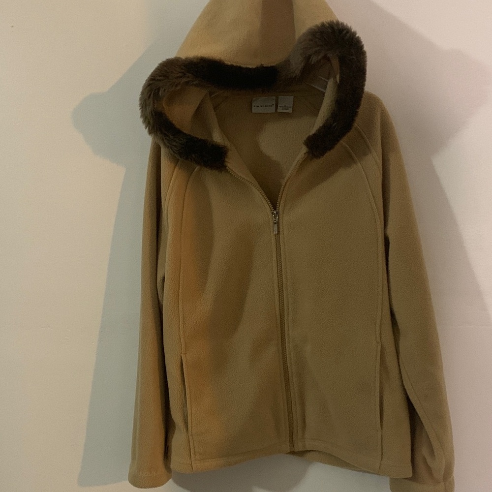 Cozy Tan Zip-Up Jacket with Faux Fur Hood